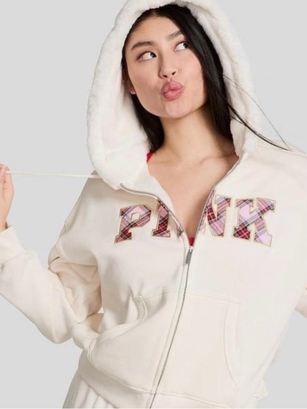 PINK Victoria's Secret Cream Plush Hooded Zip-Up with Plaid Logo